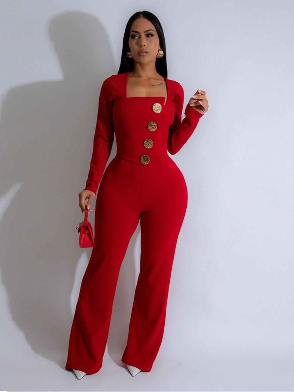 Fashion Nova Red Long-Sleeve Square-Neck Jumpsuit with Gold Buttons